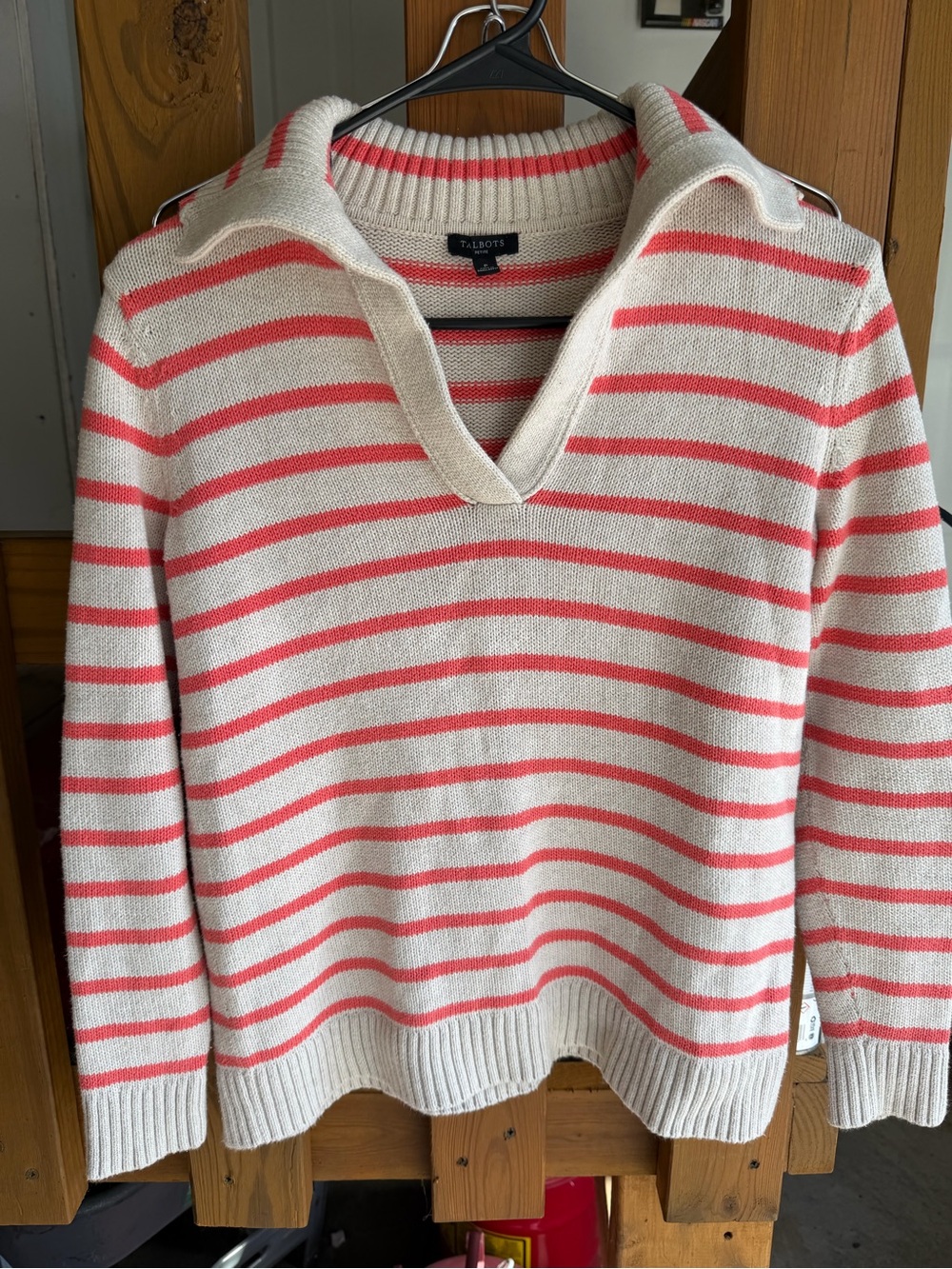 Talbots Cream and Coral Striped V-Neck Collared Sweater